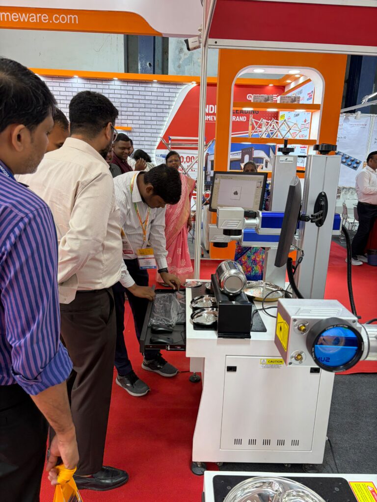 Industrial laser machines by Sunny Machineries on display at Indian Houseware Show 2026 in Chennai, including utensils laser marking, engraving, fiber laser welding, and cutting solutions.