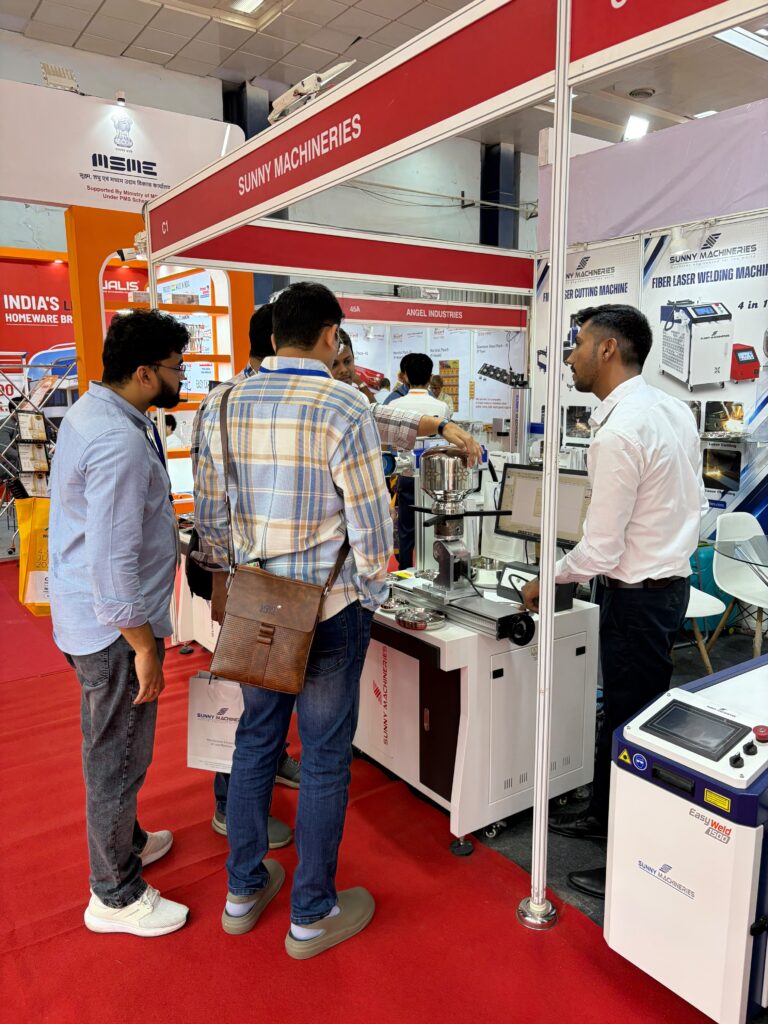 Sunny Machineries showcasing Utensils Laser Marking & Engraving Machine, Fiber Laser Welding Machine, and Fiber Laser Cutting Machine at Indian Houseware Show 2026 in Chennai.