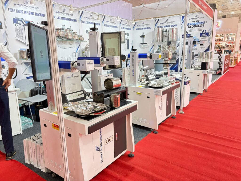 Sunny Machineries showcasing precision laser marking, laser engraving, fiber laser welding, and fiber laser cutting machines for stainless steel utensils and cookware at Indian Houseware Show 2026.